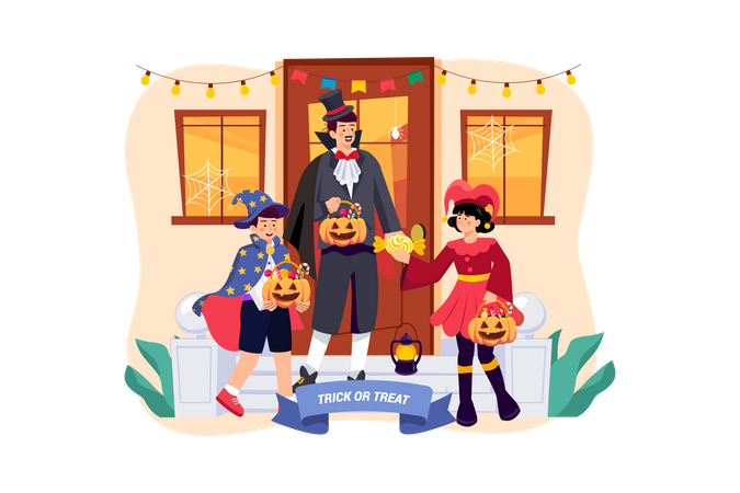 Dad And Kids Are Doing Trick Or Treat And Having Fun On Halloween  イラスト