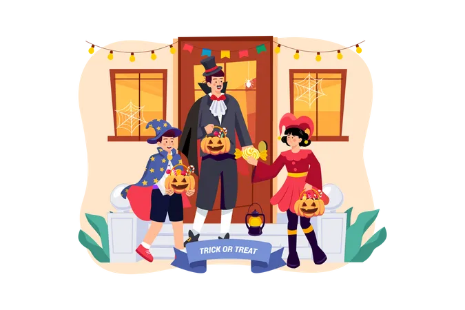 Dad And Kids Are Doing Trick Or Treat And Having Fun On Halloween  イラスト