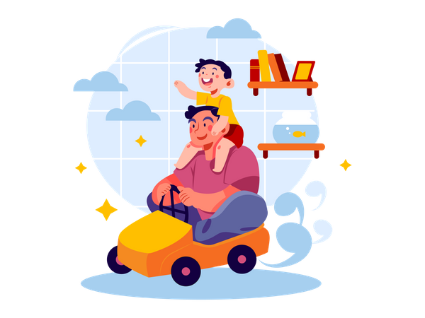 Dad driving toy car with son  Illustration