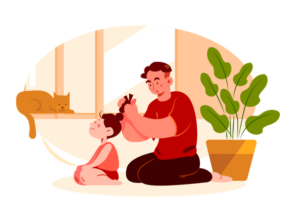 Dad making hair of daughter  Illustration