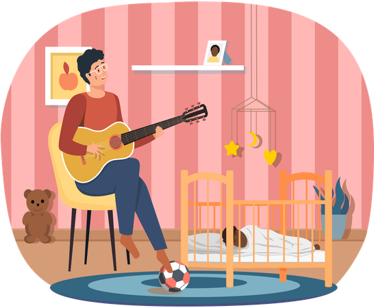 Dad singing to baby at night and helps him to sleep  Illustration