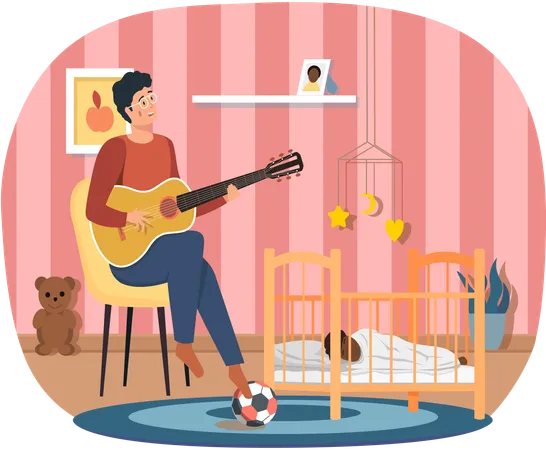 Dad singing to baby at night and helps him to sleep  Illustration