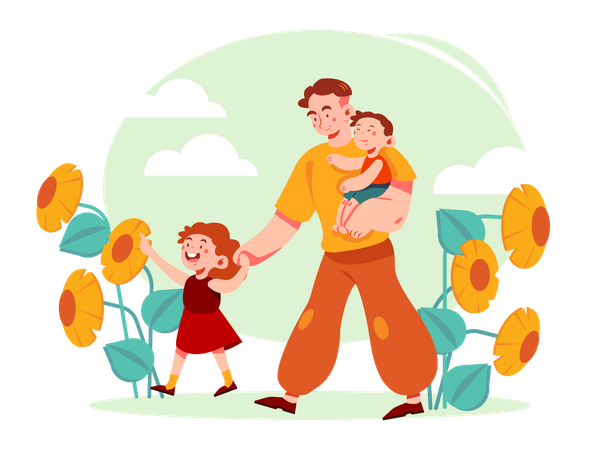 Dad Walking with children  Illustration