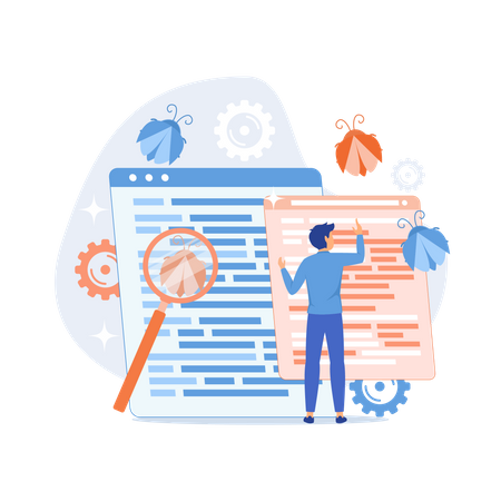 Debugging firewall. Antivirus scanning. Malware fixing. Virus attack, trojan search, bugs detection. System protection. Threat diagnostic. Crash tester. flat design modern illustration  Illustration