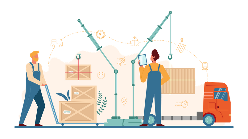 Déchargement de cartons et conteneurs  Illustration