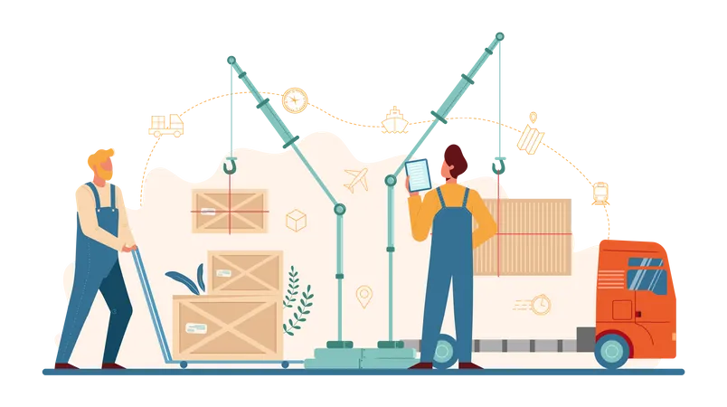 Déchargement de cartons et conteneurs  Illustration