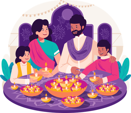 Família indiana decorando rangoli e diya para celebrar o diwali  Ilustração