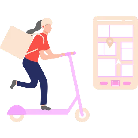 Delivery girl is delivering a parcel on a scooter  Illustration