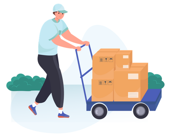 Delivery man deliver multi and heavy packages on the delivery cart  Illustration