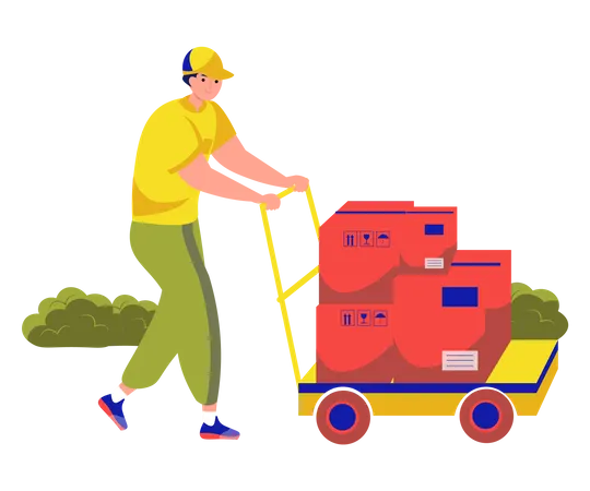 Delivery man deliver multi and heavy packages on the delivery cart  Illustration