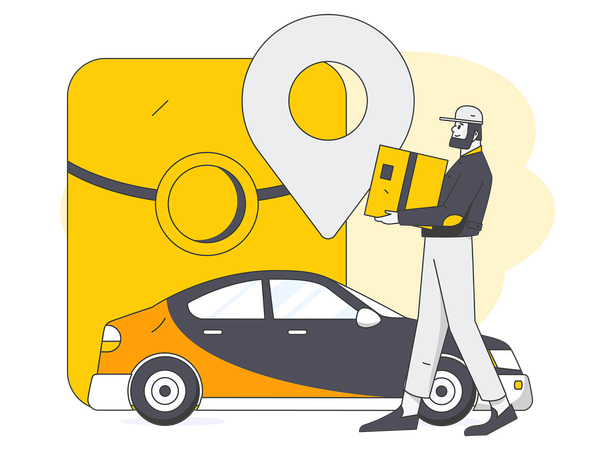 Delivery Man holding cargo while find car location  Illustration