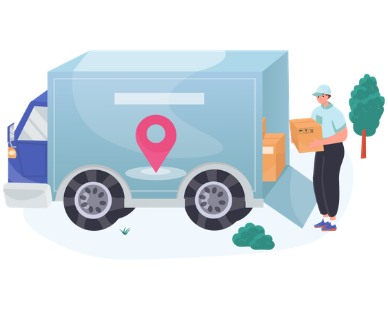 Delivery man loading parcels in truck  Illustration