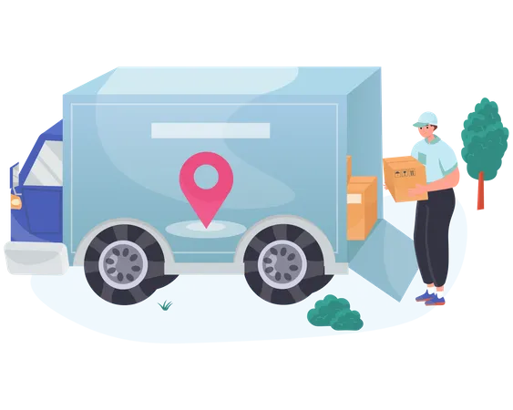 Delivery man loading parcels in truck  Illustration