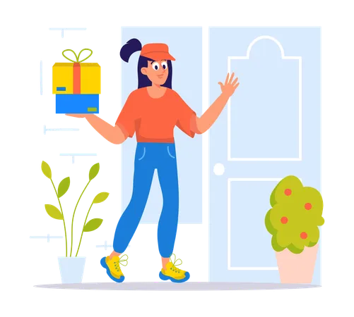 Delivery woman delivers product on time  Illustration