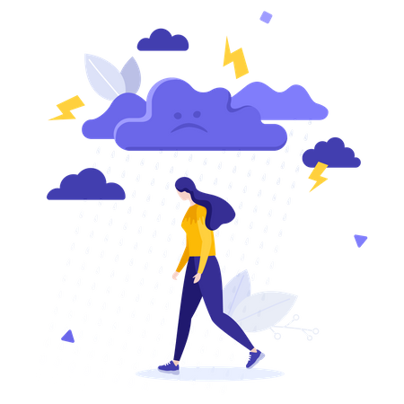 Depressed woman walking under rain  Illustration