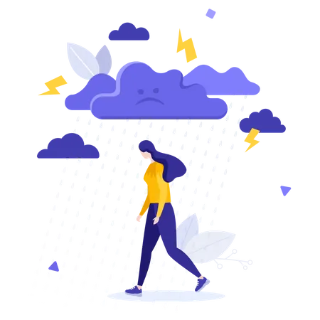 Depressed woman walking under rain  Illustration