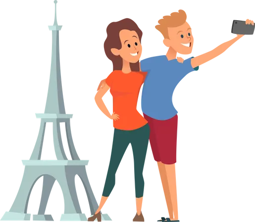 Des couples heureux font un selfie près de la Tour Eiffel  Illustration