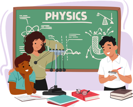 Des enfants enthousiastes dans une salle de classe de physique explorent l'énergie cinétique grâce à des expériences pratiques  Illustration