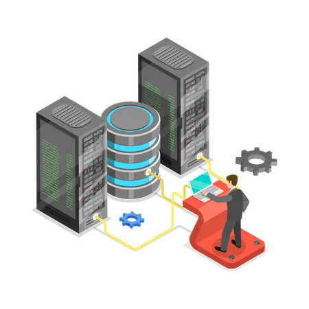 Desarrollador trabajando en el servidor de base de datos  Ilustración