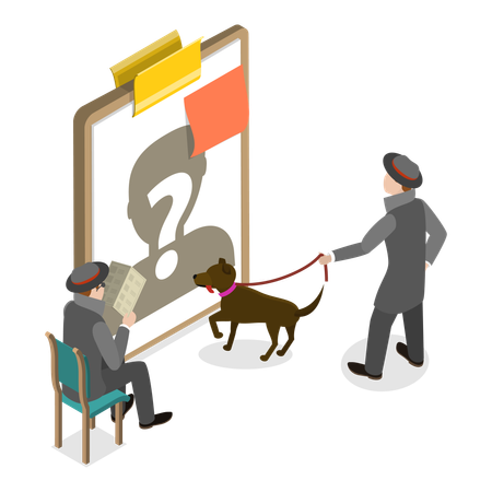 Detective with dog making plans to find suspect  Illustration