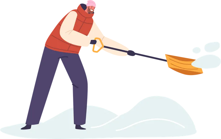 Determined Man Diligently Shovels Snow  イラスト