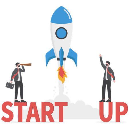 Deux hommes d'affaires se tiennent sur le mot startup  Illustration