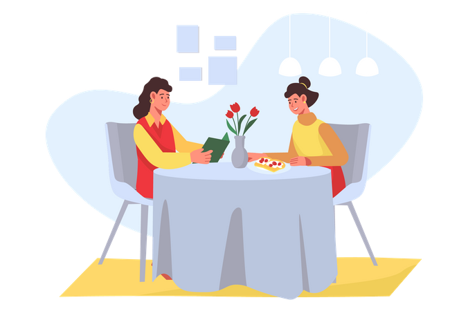 Dinner with women in cafe  Illustration