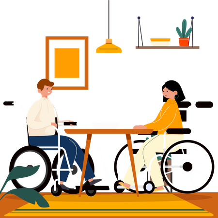 Disabled couple sitting on wheelchair having dinner  일러스트레이션