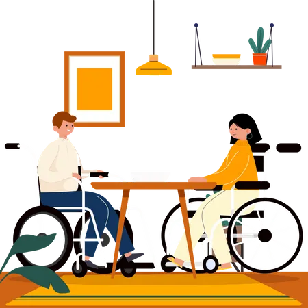 Disabled couple sitting on wheelchair having dinner  일러스트레이션