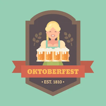 Distintivo de ilustração plana da Oktoberfest com uma cervejaria loira segurando quatro canecas de cerveja  Ilustração