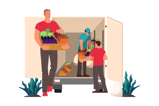 Distribution de légumes frais et d'épicerie au restaurant et au café.  Illustration