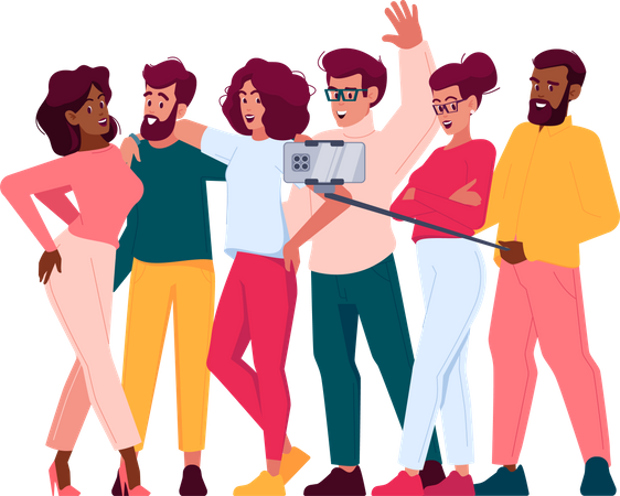 Diverse Ethnicity People With Happy Faces Stand Together Holding Camera  Illustration