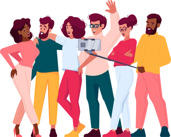 Diverse Ethnicity People With Happy Faces Stand Together Holding Camera  Illustration