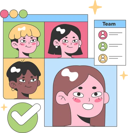 Diverse group of friends engages in online chat platform  Illustration