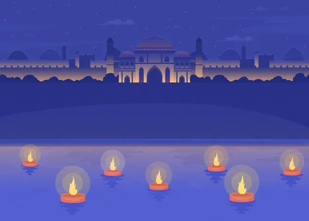 Diwali diyas floating in Ganges river  イラスト