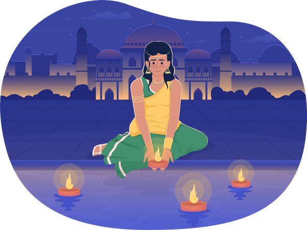 Diwali girl setting diya on river  Illustration