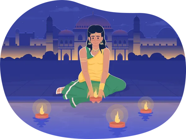 Diwali girl setting diya on river  Illustration