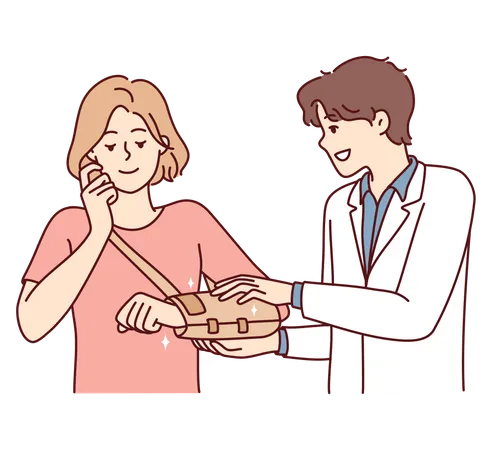 Doctor apply plaster to girls broken arm  Illustration