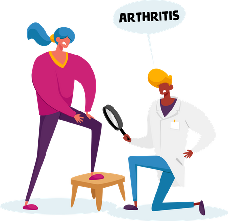 Doctor Arthrologist Character with Magnifying Glass Watch on Patient Arthritis Knee  Illustration