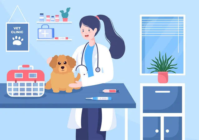 Doctor Checking Dog in Veterinary Clinic  Illustration