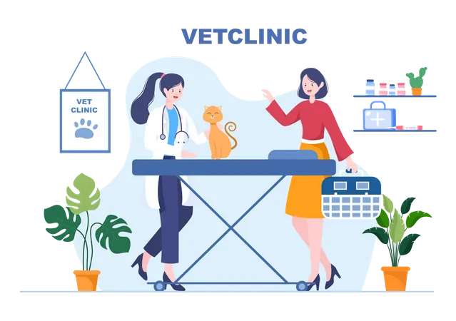 Doctor checking dog in Veterinary Clinic  Illustration