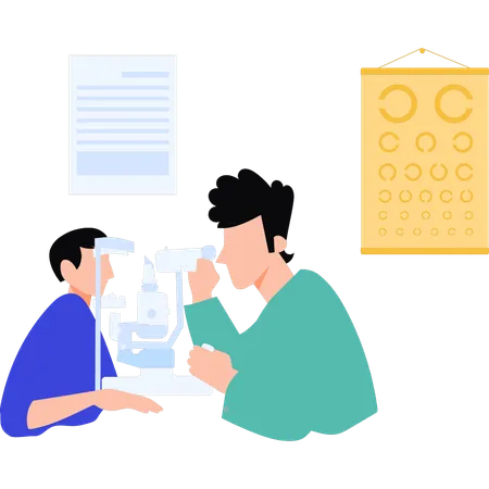 Doctor checking old man eyesight  Illustration