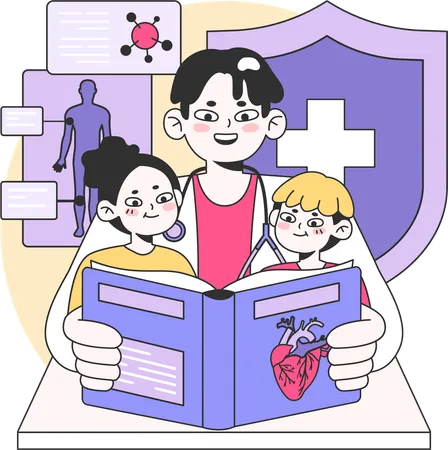 Doctor giving medical education to children  イラスト