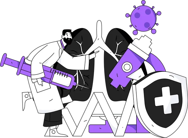 Doctor holding injection while doing lungs examination  Illustration