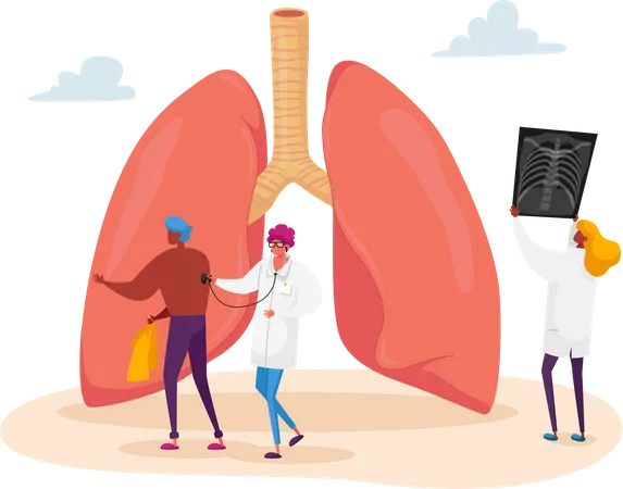 Doctor Holding X-ray Image of Lungs Learning Patient Fluorography with Asthma  일러스트레이션