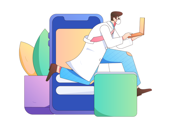 Doctor running with laptop for medical consultation  イラスト