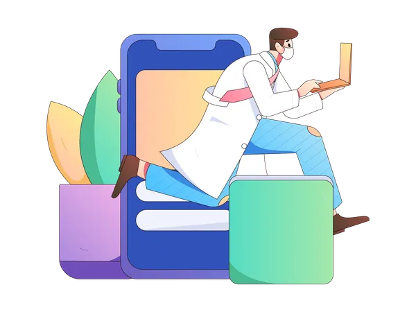 Doctor running with laptop for medical consultation  イラスト