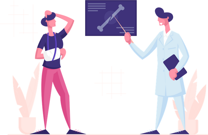Doctor Show at X-ray Picture with Limb Fracture to Patient  Illustration