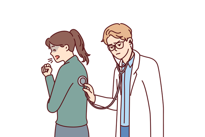 Doctor uses stethoscope examining coughing patient and auscultating woman suffering from flu  일러스트레이션