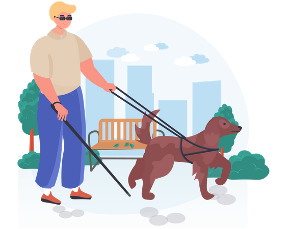 Dog helping blind man in garden walk  Illustration